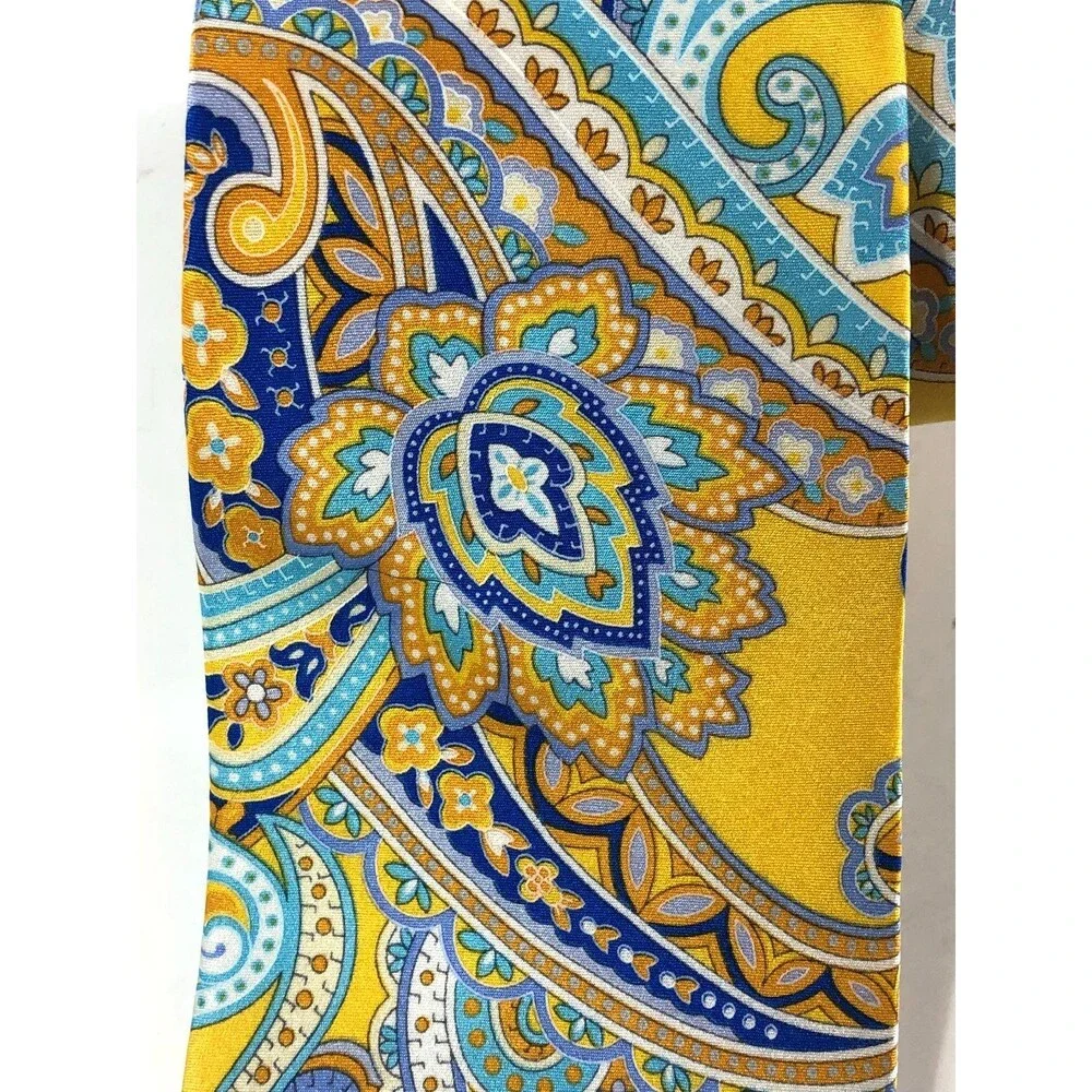 Geoffrey Beene 100% Silk Tie Yellow Blue Paisley Floral Pattern Men's Necktie